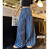 遛弯裤 猫猫家加长女裤 休闲裤 高级感拖地裤 露丝同款 宽松格子阔腿裤