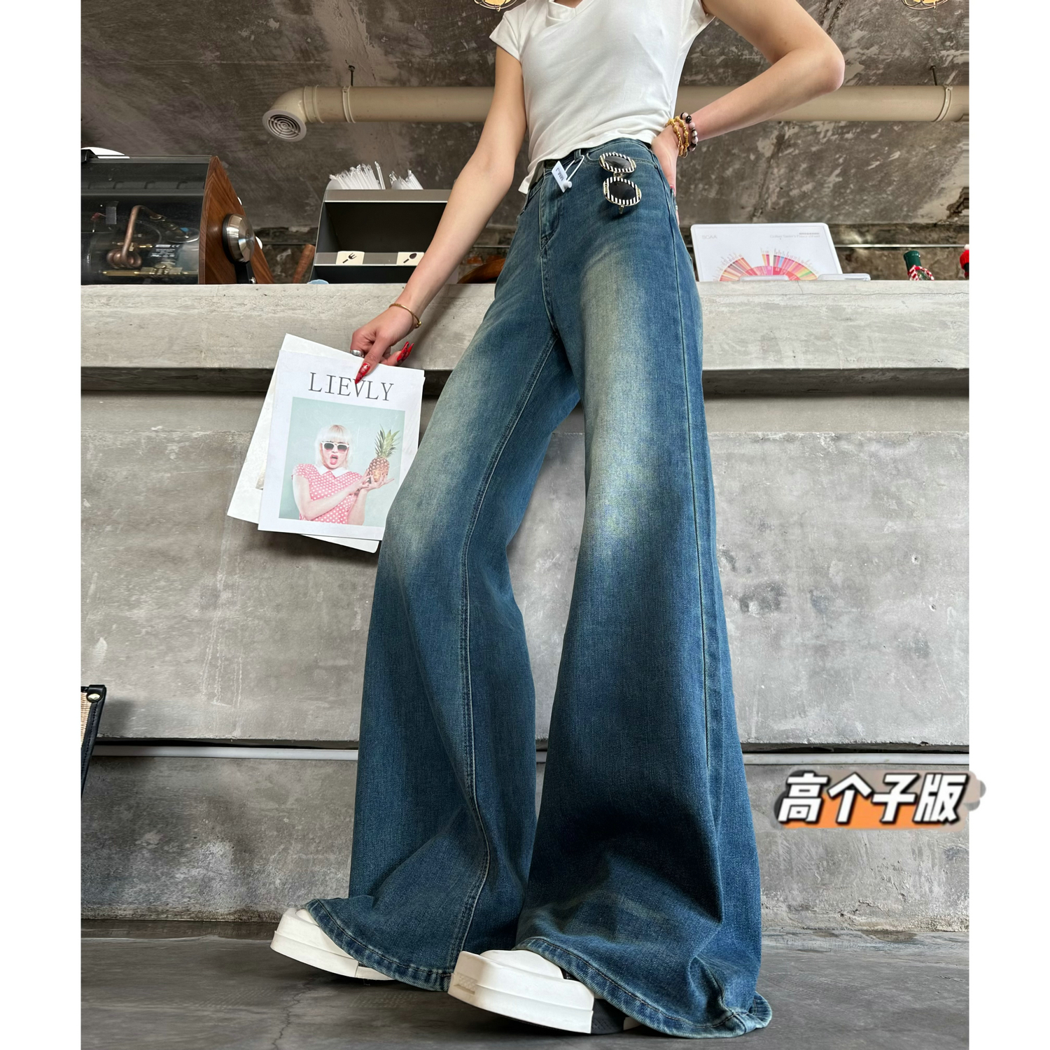 猫猫家加长女裤春夏复古水洗蓝色牛仔裤女时尚微喇叭拖地阔腿裤女