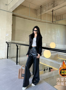 猫猫家加长女裤秋冬加厚加厚黑色阔腿PU皮裤磨毛宽松直筒裤休闲裤