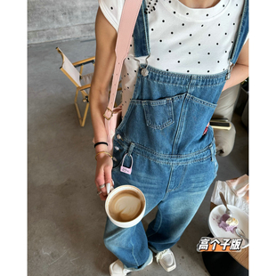 猫猫家加长女裤春夏显瘦纯色背带裤女百搭宽松复古直筒阔腿牛仔裤