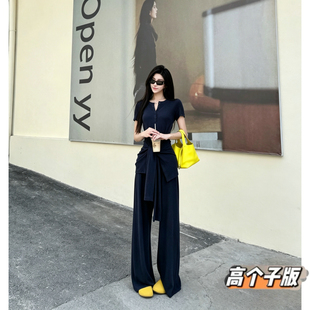 猫猫家加长高个子夏季短袖纽扣一体绑带显瘦直筒阔腿裤两件套装潮