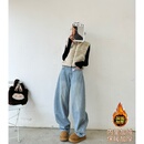 女直筒显瘦拖地裤 猫猫家加长女裤 秋冬加绒加厚韩系休闲浅蓝牛仔裤