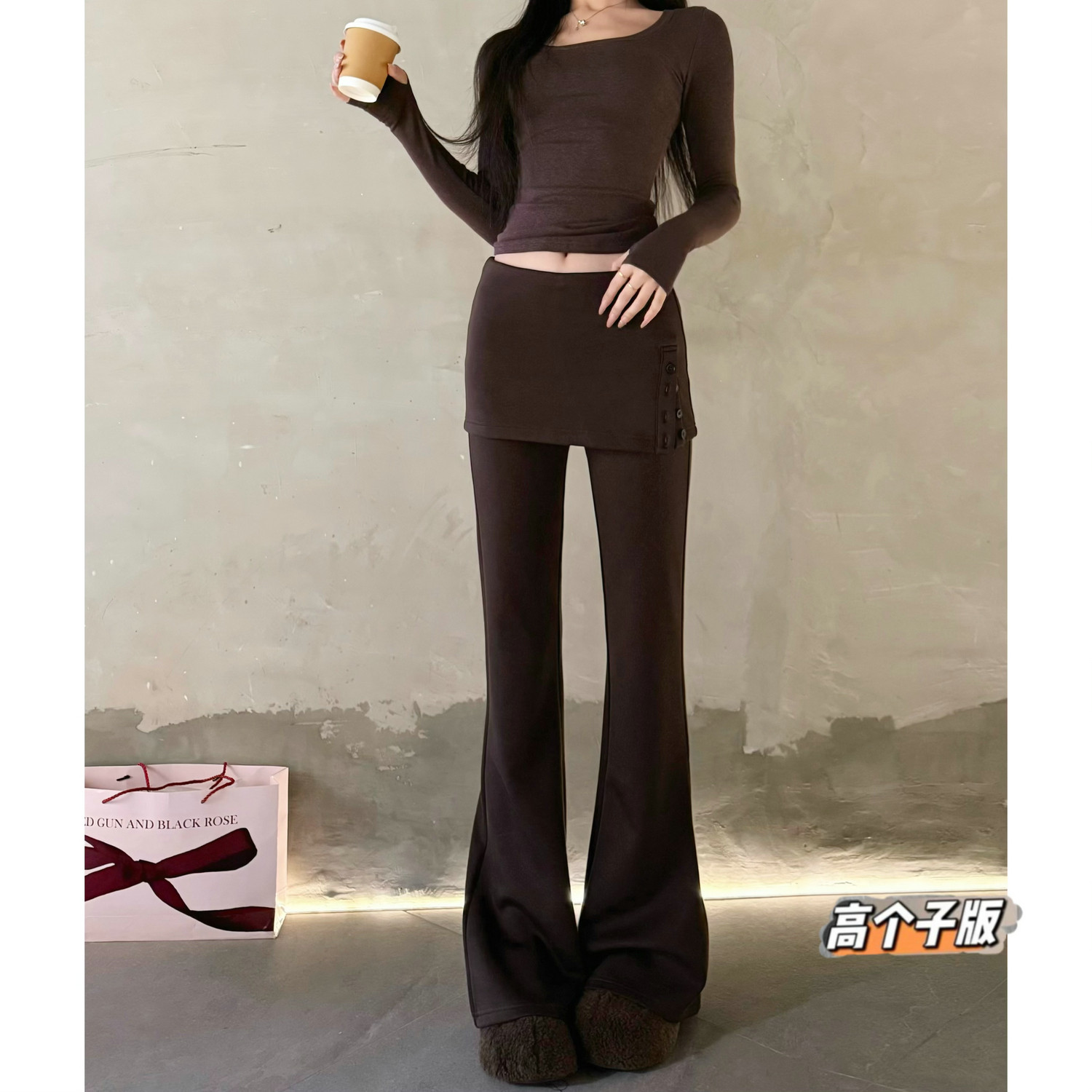 猫猫家加长女裤高个子辣妹咖色屁帘裤微喇裤显瘦假两件休闲运动裤