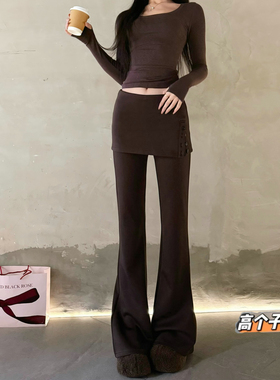 猫猫家加长女裤高个子辣妹咖色屁帘裤微喇裤显瘦假两件休闲运动裤