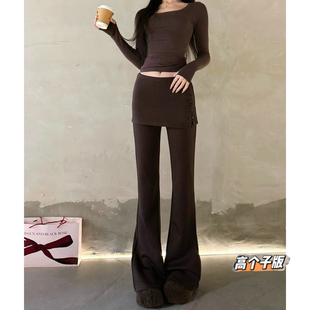 猫猫家加长女裤高个子辣妹咖色屁帘裤微喇裤显瘦假两件休闲运动裤