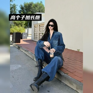 猫猫家加长女裤秋冬高个子 丹宁回潮复古蓝色高级感牛仔两件套装