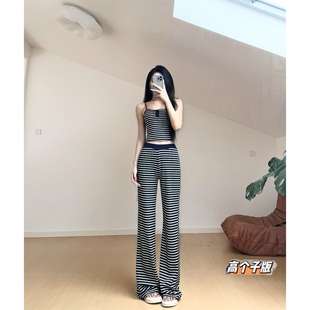 貓貓家加長女褲 春夏居家懶人松弛感條紋顯瘦闊腿女吊帶背心兩件套