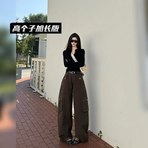 多口袋工装牛仔裤显瘦阔腿裤
