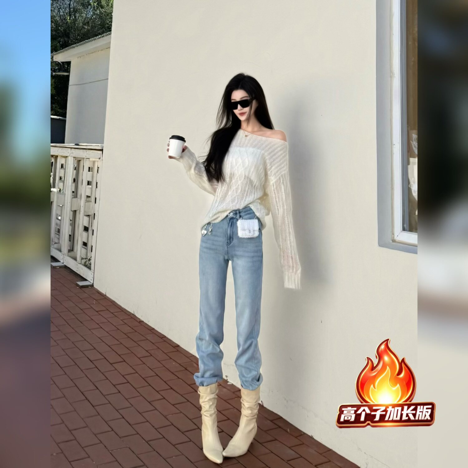猫猫家加长女裤秋冬高个子加绒加厚蓝色窄版直筒牛仔裤显瘦阔腿裤