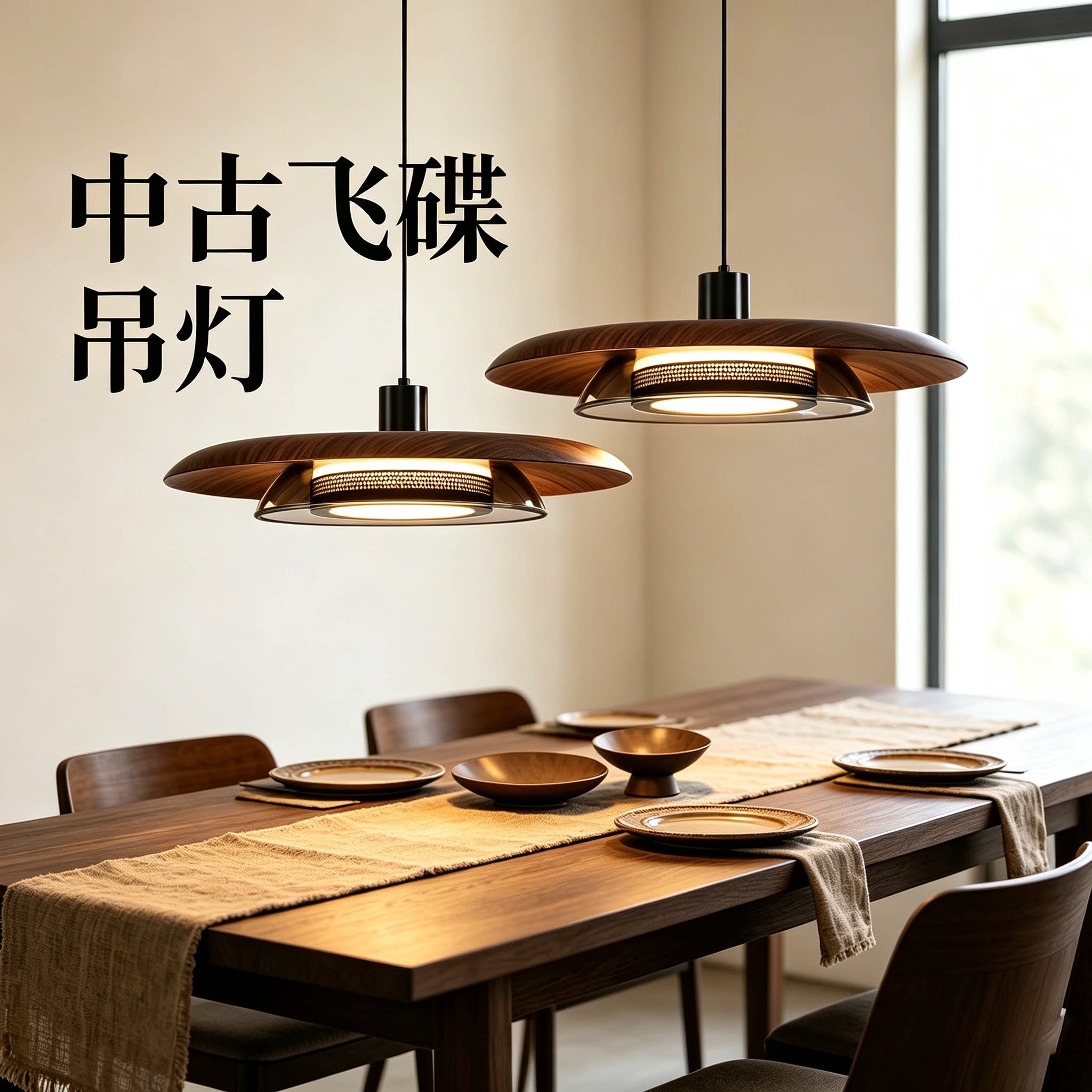 浮光琉光餐厅吊灯2026新款轻奢高级感复古中古风飞碟圆桌升降吊灯图片