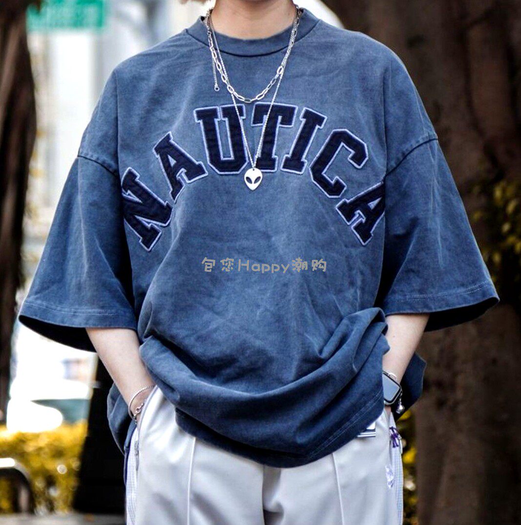 NAUTICA JAPAN 22SS 워싱 자수 문자 남성용 및 여성용 반팔 티셔츠 티셔츠 하세가와 샤오슈 감수