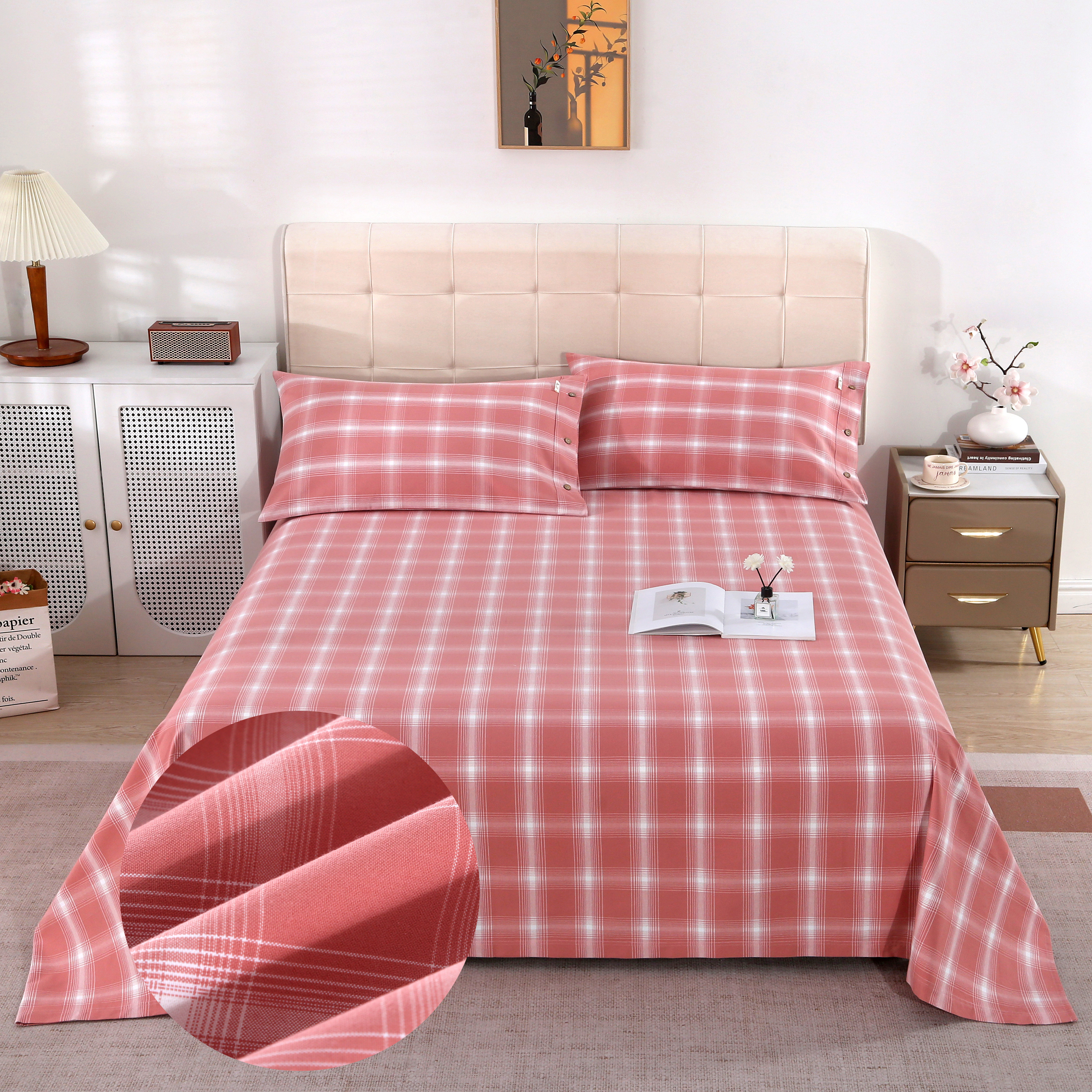 A类高端格子老粗布床单单件纯棉被单三件套100%全棉床单土布床品