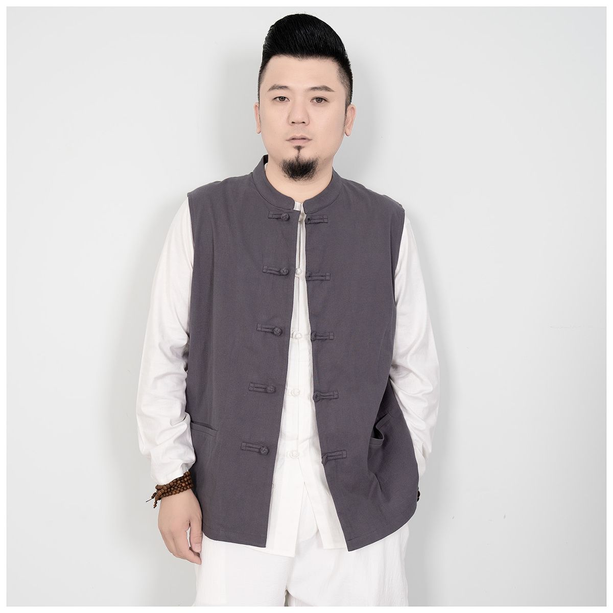 新款男士中国风休闲棉麻马甲宽松弹力背心立领复古中式唐装上衣