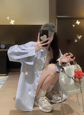 庄大泥 蓝色条纹重工烫钻设计感2026早春长袖衬衫女上衣外套