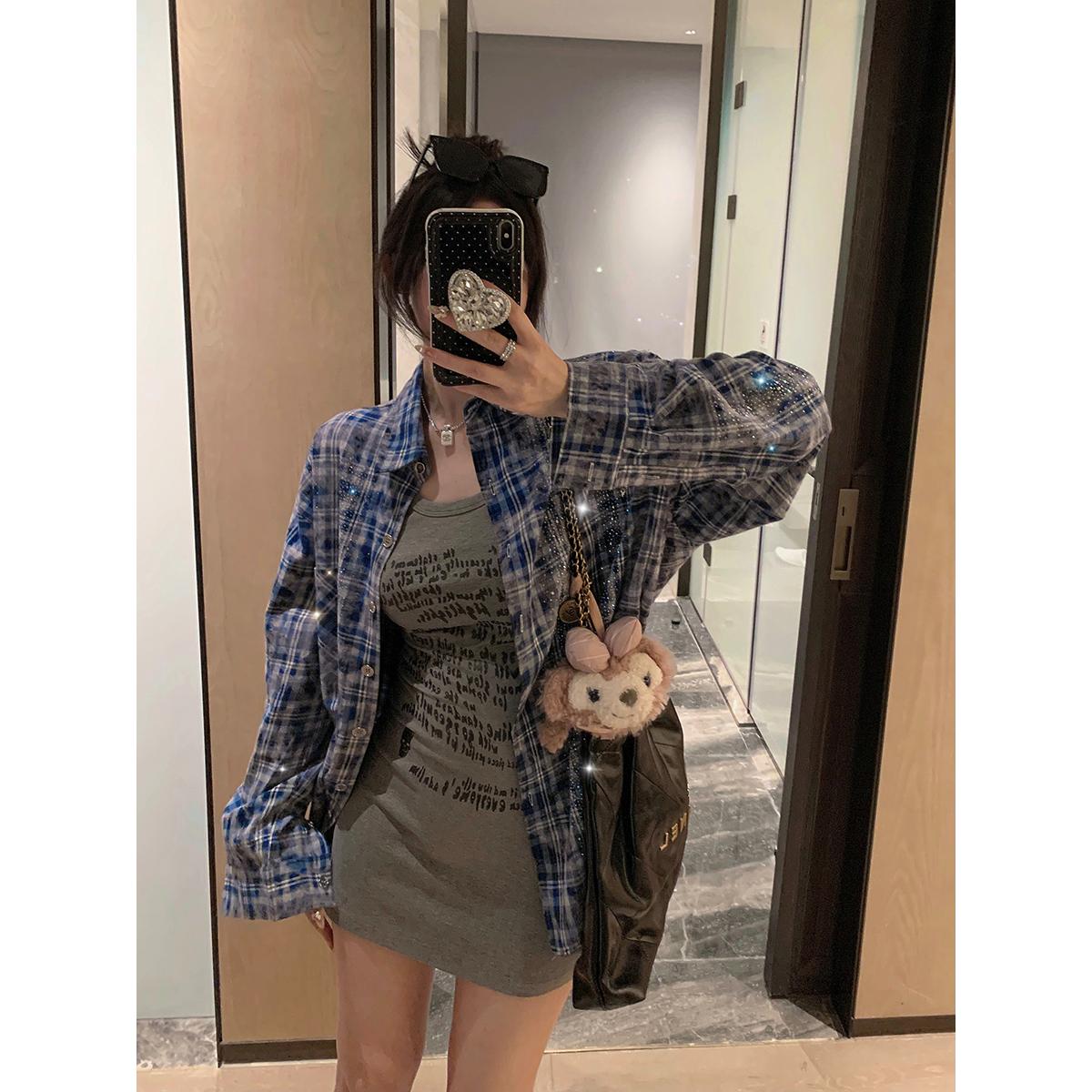 重工烫钻扎染蓝色格纹衬衫