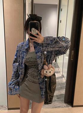 庄大泥 2026春季新款 重工烫钻扎染蓝色格纹衬衫女