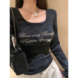 长袖 庄大泥 黑灰色水墨晕染烫钻字母修身