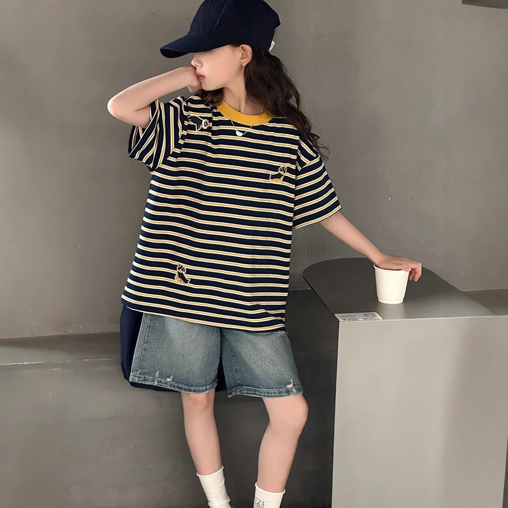 女童夏季2025新款韩版条纹T恤女大童时髦短袖t破洞牛仔短裤