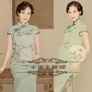 14孕妇拍照旗袍水墨工笔画中国风影楼写真工作室主题服装样片礼服