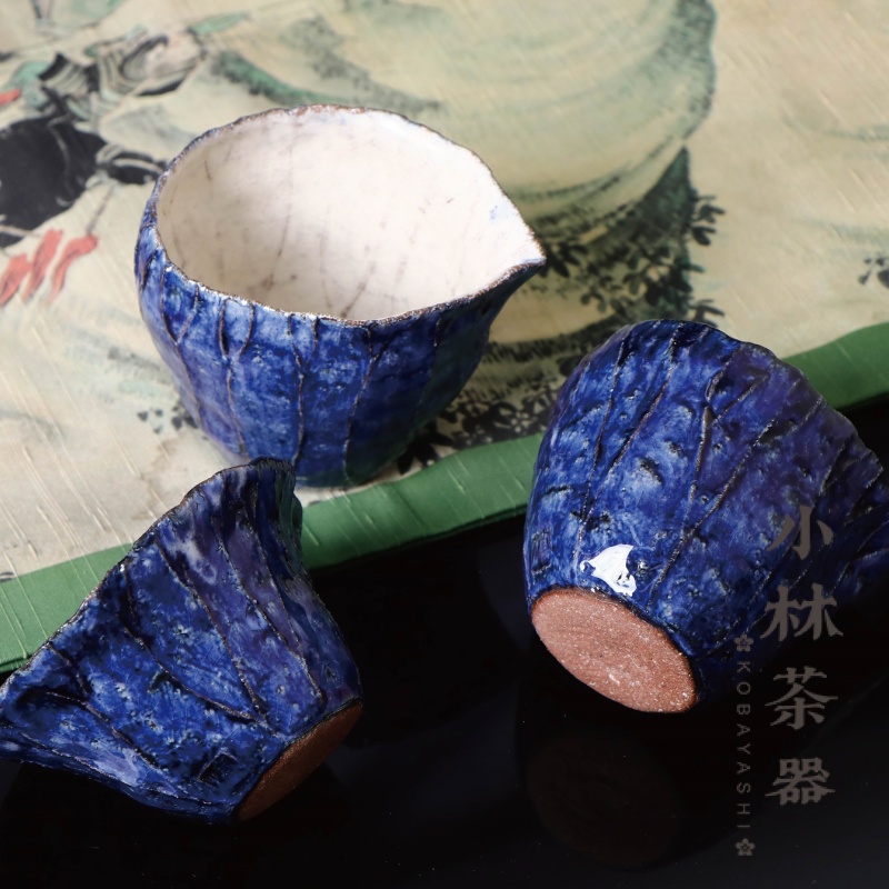 日本进口茶具 宫田淳史公道杯 手工蓝釉面荷叶纹分茶器