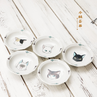 日本进口九谷烧美山窑猫咪小碟 家用酱油碟陶瓷五入餐具套装