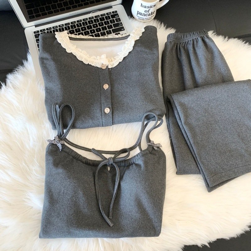 进口蝴蝶结吊带保暖羊绒睡衣三件套女秋冬季新款开衫可外穿深灰家