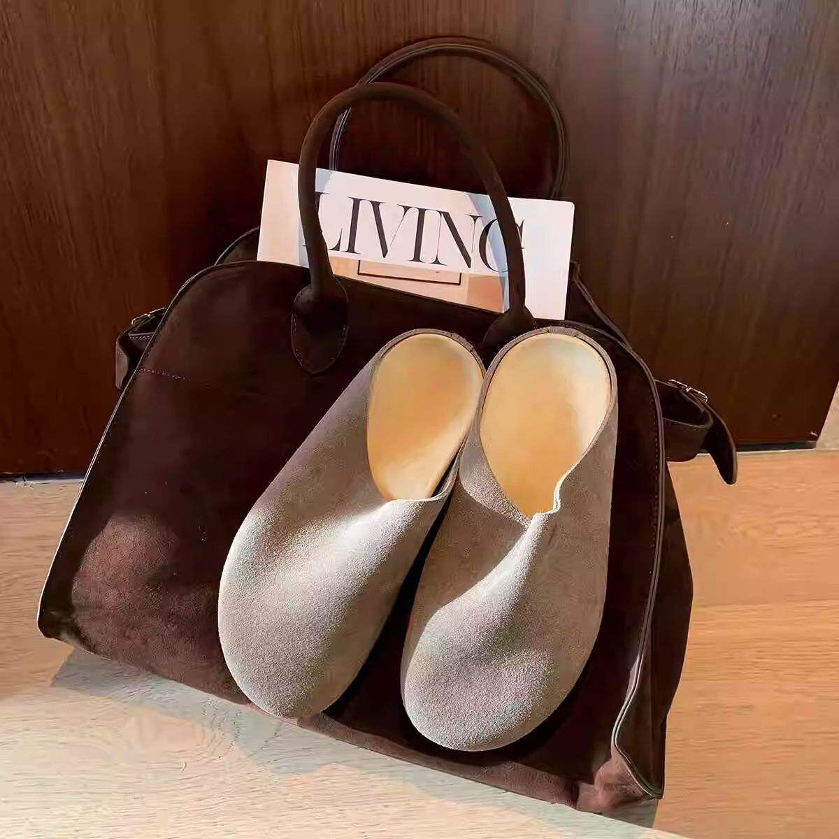 牛皮马毛row风软面懒人一脚蹬厚底大头勃肯鞋复古真皮包头半拖鞋