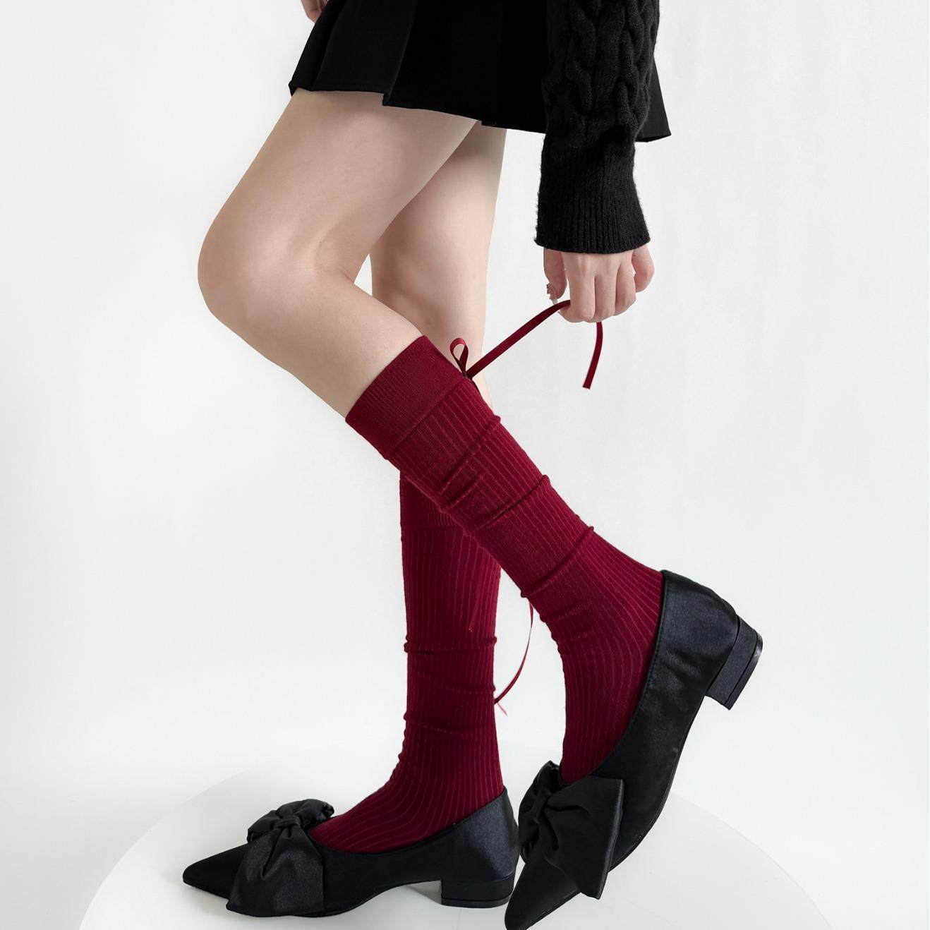 秋冬竖纹堆堆小腿袜后跟飘带蝴蝶结复古酒红色百搭羊毛无骨袜灰色,女士内衣/男士内衣/家居服,连裤袜/打底袜,淘宝优惠券,粉丝福利购,淘宝优惠卷