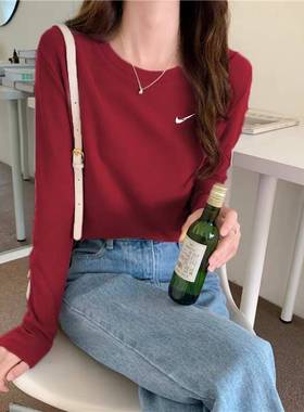 红色圆领正肩长袖T恤女2026早春季新款小个子修身内搭打底衫上衣
