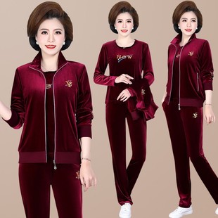 中老年女装妈妈秋装休闲外套金丝绒运动服中年人洋气上衣三件套装