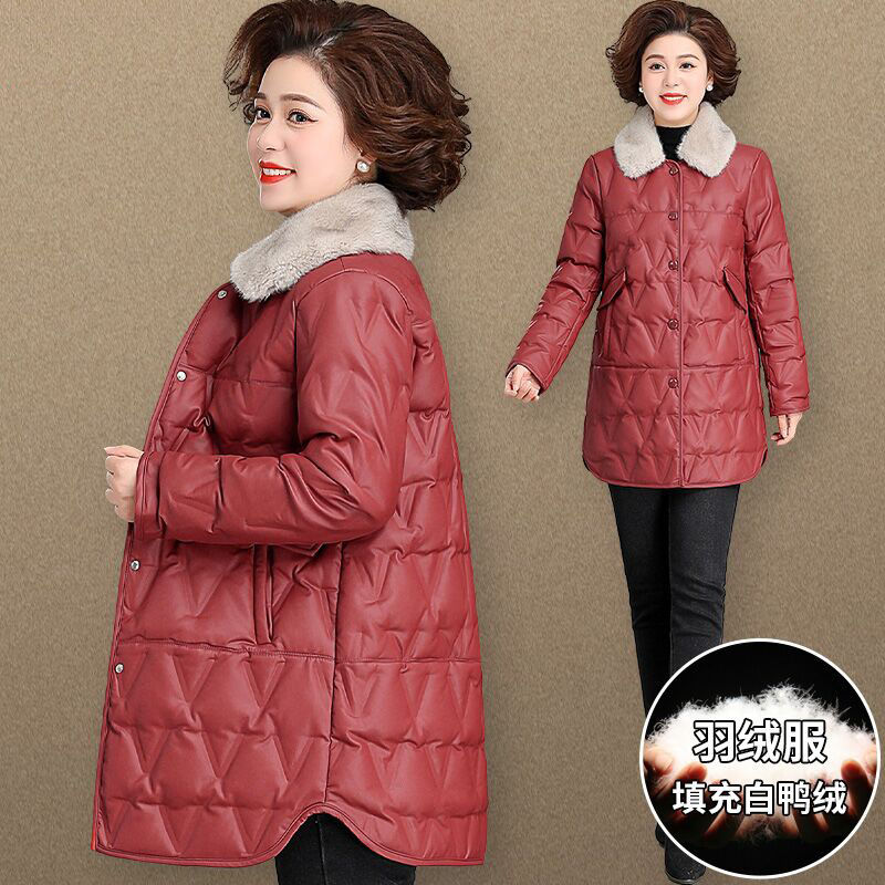 中老年妈妈冬装中长款羽绒服保暖白鸭绒外套女中年大毛领皮衣免洗