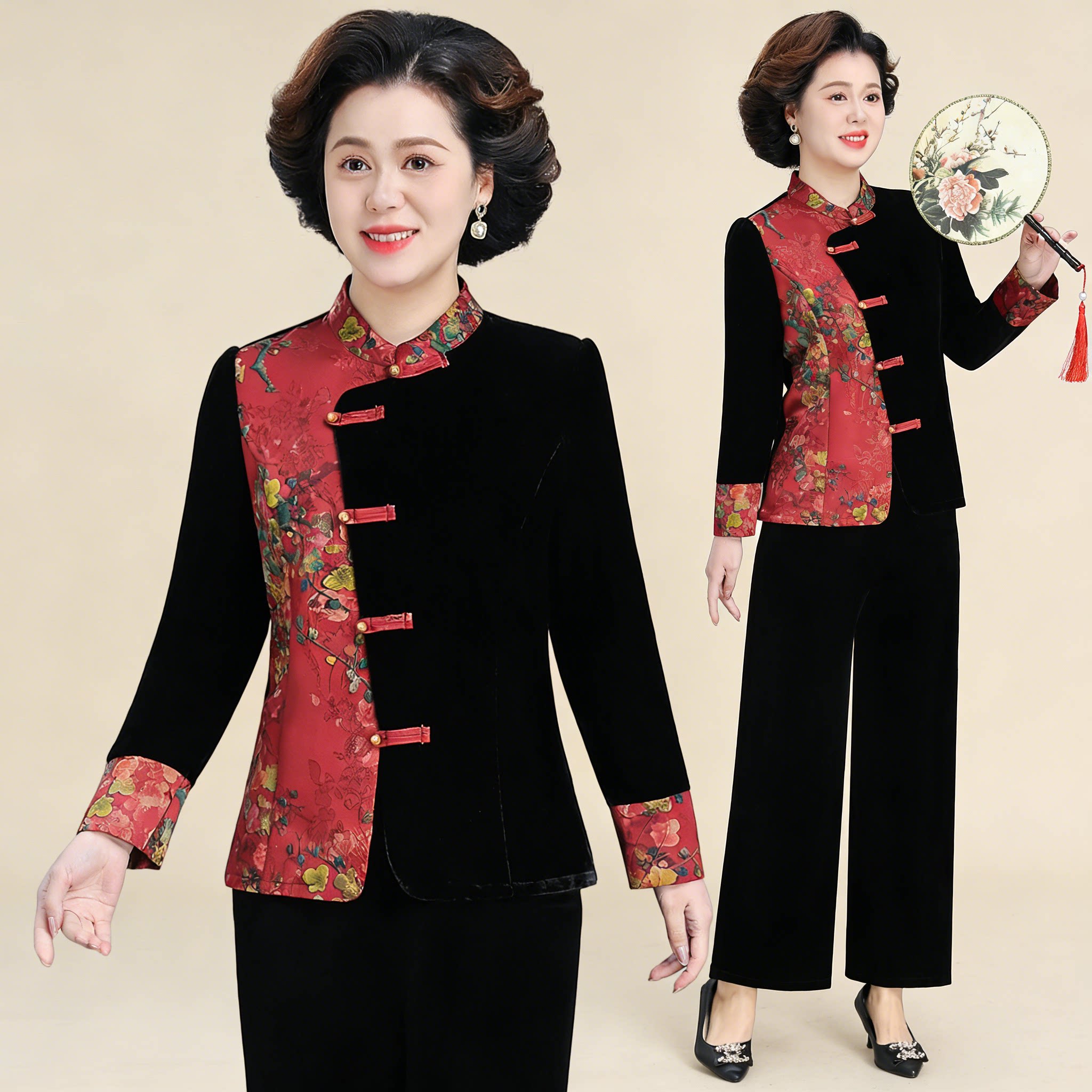 2026新款中年妈妈春装新中式金丝绒两件套女奶奶国风洋气休闲套装