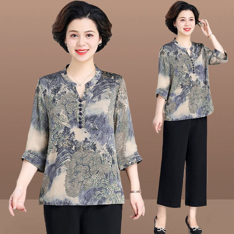 中老年妈妈夏季七分袖休闲套装女宽松阔太太高端香云纱小衫两件套