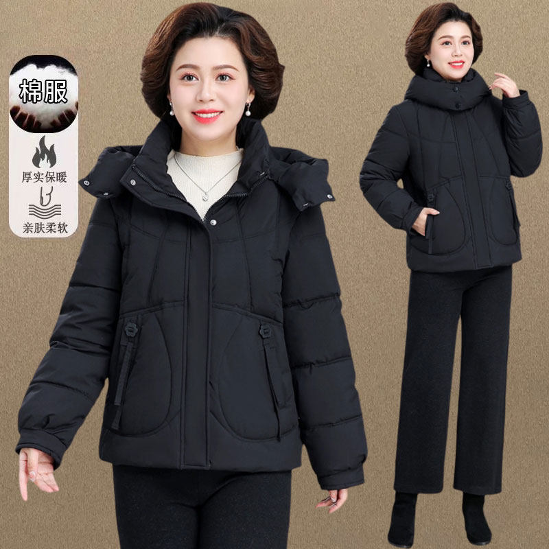 中老年女装秋冬季羽绒棉衣加厚保暖棉服妈妈时尚大码棉袄外套连帽
