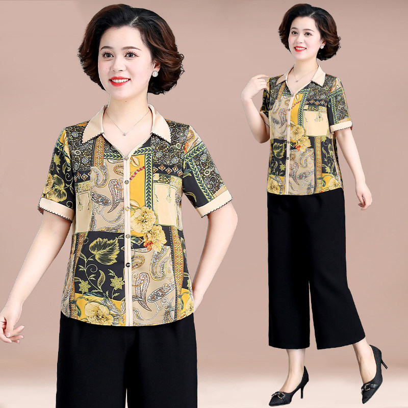 中老年妈妈夏装短袖衬衫雪纺运动服女中年人洋气减龄上衣两件套装
