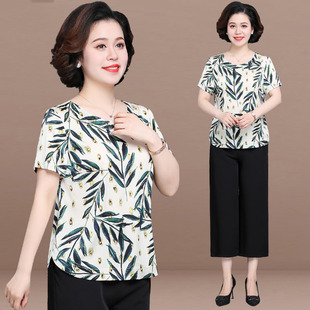 运动服休闲套装 雪纺小衫 女中年洋气衣服一整套 短袖 中老年妈妈夏季