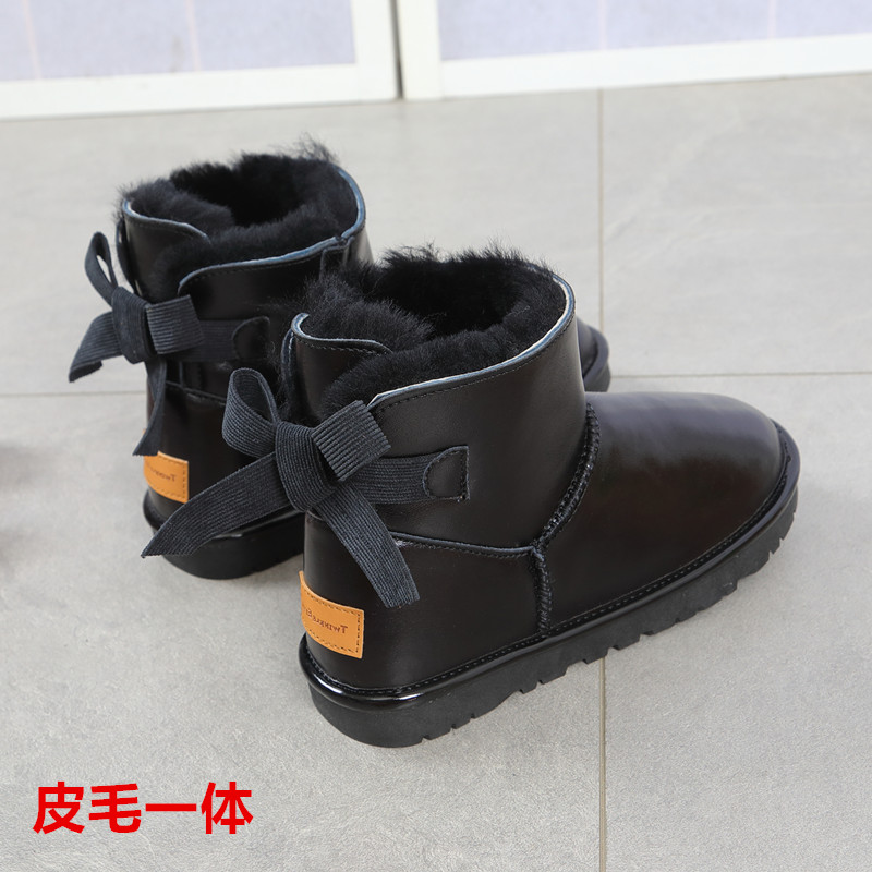 2025冬季新款蝴蝶结雪地靴女皮毛一体防水低筒真皮加厚保暖短靴