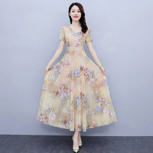 RM16621#长裙刺绣雪纺印花连衣裙2022新款夏长海边度假沙滩裙