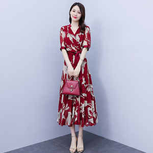 RY1846#中袖拼接高腰长裙V领撞色印花大摆雪纺气质连