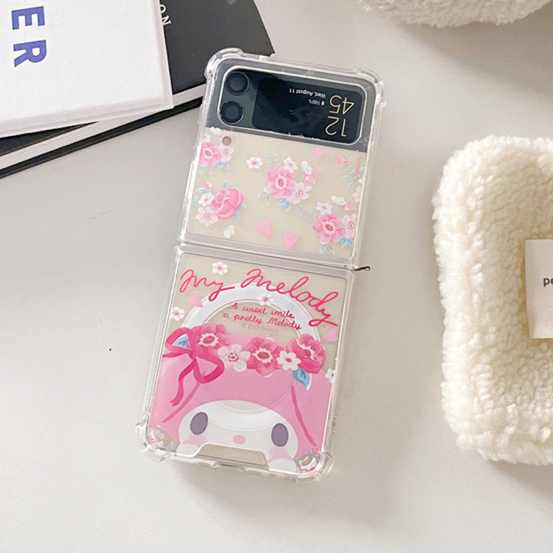 适用zflip6三星zflip5手机壳zflip4上下折叠zflip3代透明软边磁吸支架保护套花朵库洛米美乐蒂可爱ins风挂绳