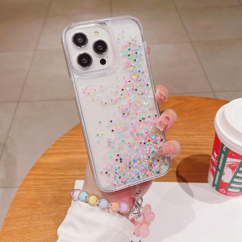 适用苹果15promax手机壳iphone15流沙14透明13防摔12流动11彩色星星爱心梦幻少女ins风小众保护套软边手挂链