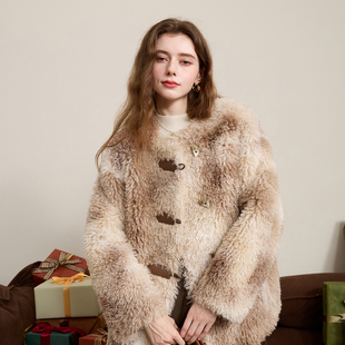 三彩独醒2024冬季环保皮草仿托卡卷毛外套圆领毛绒上衣保暖女F