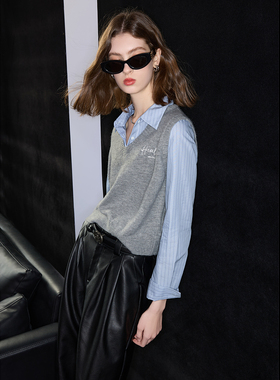 ibudu2025春季新款学院假两件长袖针织衫套头毛衣字母绣花女