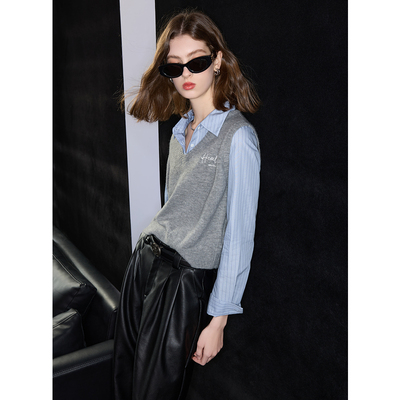 ibudu2025春季新款学院假两件长袖针织衫套头毛衣字母绣花女