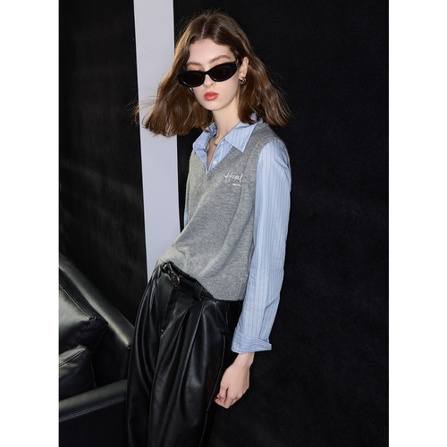 ibudu2025春季新款学院假两件长袖针织衫套头毛衣字母绣花女