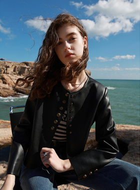 ibudu2025春季新款PU皮外套圆领单排扣短款宽松皮衣夹克女