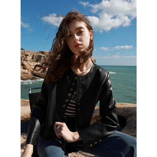 ibudu2025春季新款PU皮外套圆领单排扣短款宽松皮衣夹克女