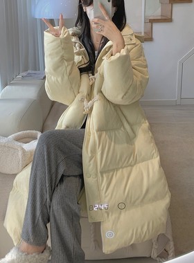 奶呼呼甜美奶黄色反季羽绒服女长款长过膝宽松加厚狐狸毛大毛领
