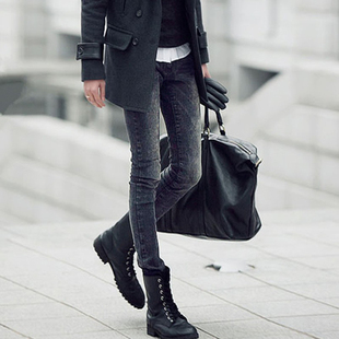 男生韩版 靴裤 修身 铅笔裤 弹力小脚长裤 高街潮牌雪花洗水紧身牛仔裤