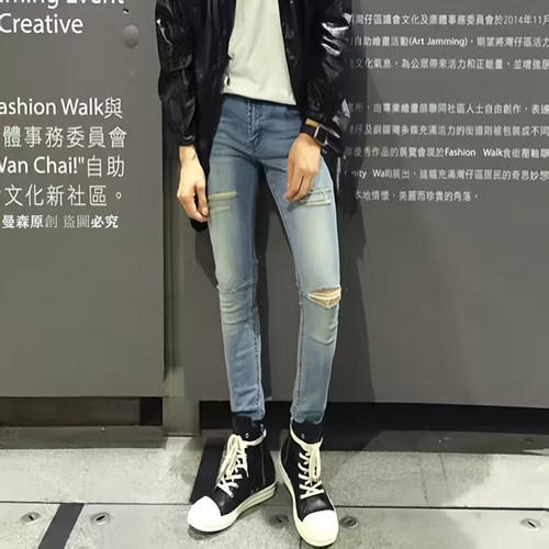 破洞牛仔裤男am风高街修身乞丐裤